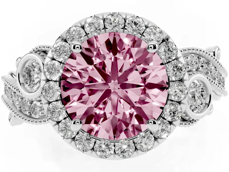 Fancy Pink Round Cut Diamond Halo Ring Set in White gold with Milgrain Pavé Band and Prong Setting