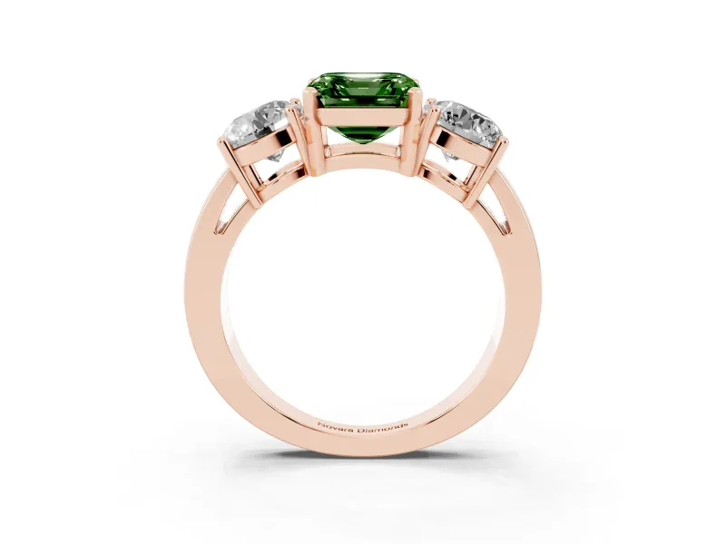 Asscher Cut Three Stone Engagement Ring Setting for a Fancy Green Lab-Grown Diamond | Wide Plain Band | Rose Gold