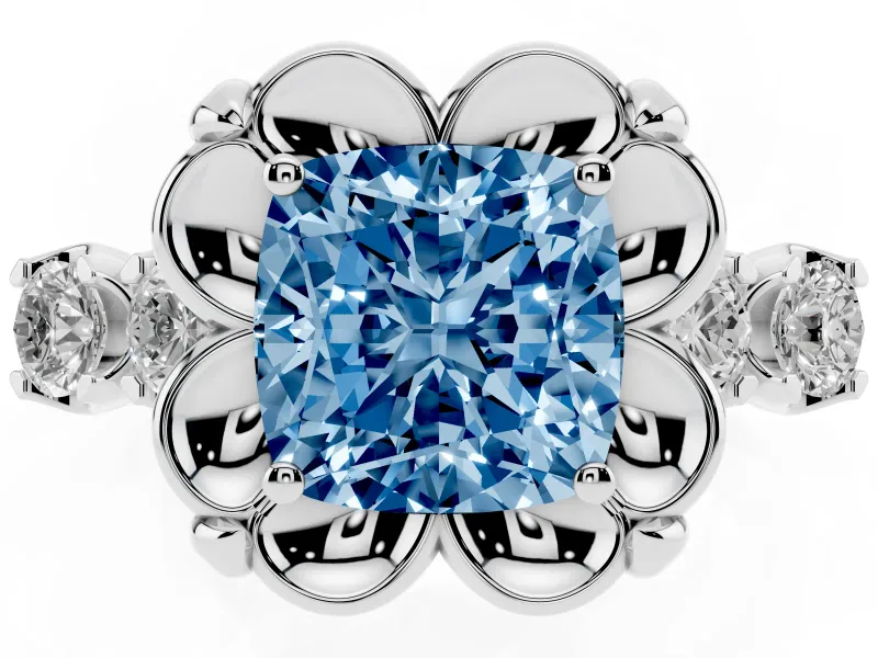 Cushion Cut Floral Engagement Ring Setting for a Fancy Blue Lab-Grown Diamond | Petal Frame and Side Stones | Platinum