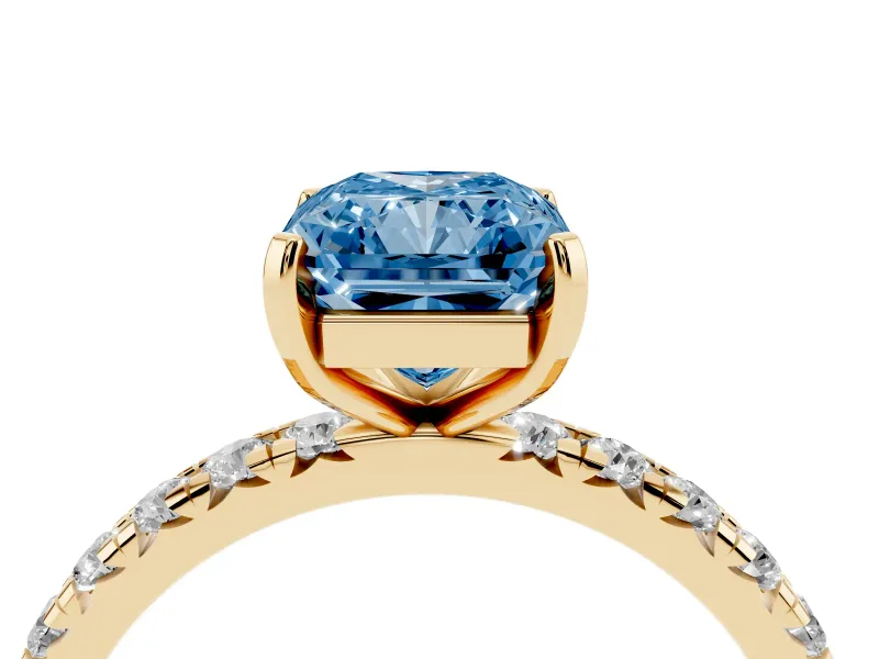 Radiant Cut Pavé Engagement Ring Setting for a Fancy Blue Lab-Grown Diamond | Yellow Gold