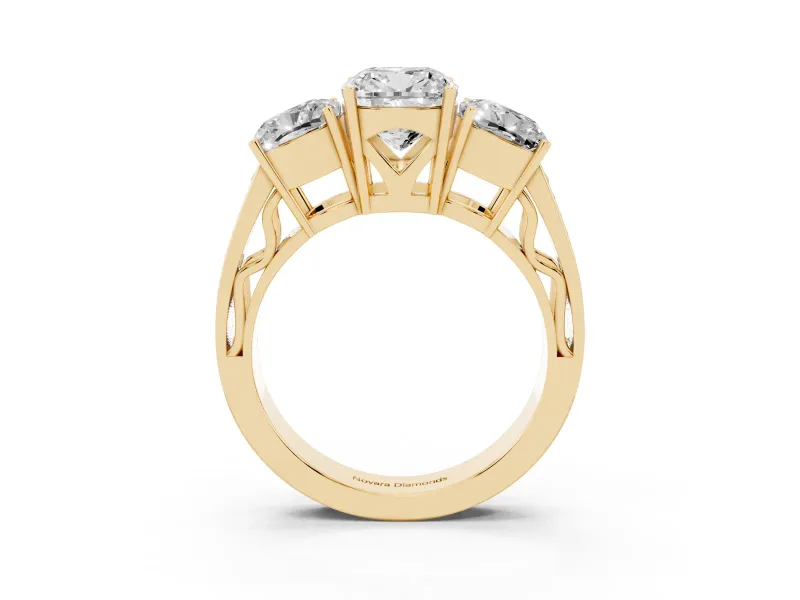 Cushion Cut Diamond Three-Stone Ring Set in Yellow gold with Textured Band