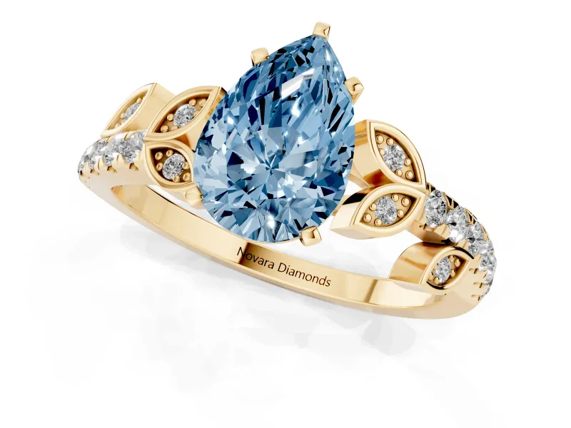 Pear-Shaped Leaf Pavé Engagement Ring Setting for a Fancy Blue Lab-Grown Diamond | Yellow Gold