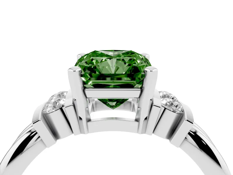 Fancy Green Three-Stone Radiant Cut Diamond Channel Set Ring Set in White gold with Bar Prongs