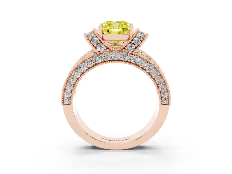 Cushion Cut Vintage Pave Engagement Ring Setting for a Fancy Yellow Lab-Grown Diamond | Milgrain Edges | Rose Gold