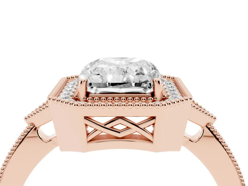 Radiant Cut Vintage Milgrain Halo Engagement Ring Setting | Graduated Pavé Band | Rose Gold