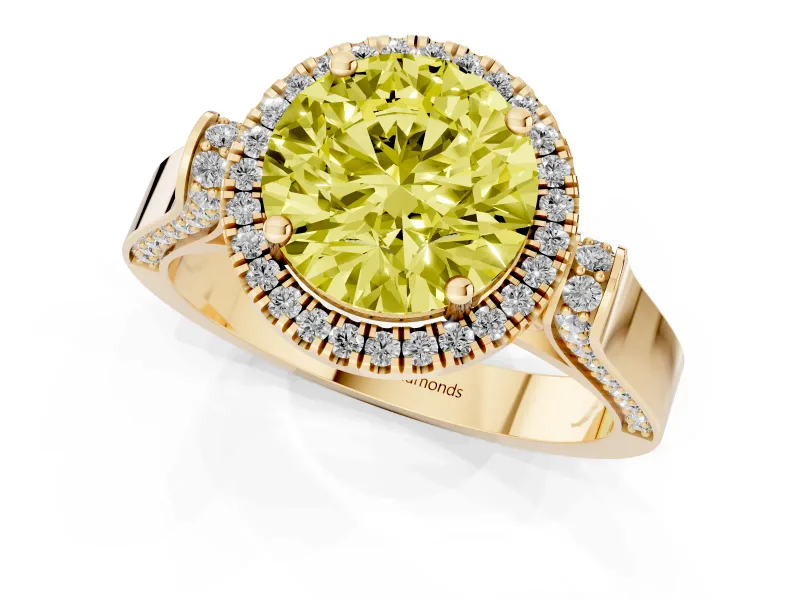 Round Halo Engagement Ring Setting for a Fancy Yellow Lab-Grown Diamond | Pavé Panel Shoulders | Yellow Gold