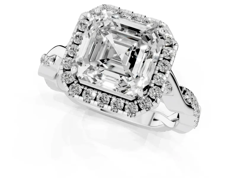 Asscher Cut Halo Engagement Ring Setting | Pavé Twist Band | White Gold