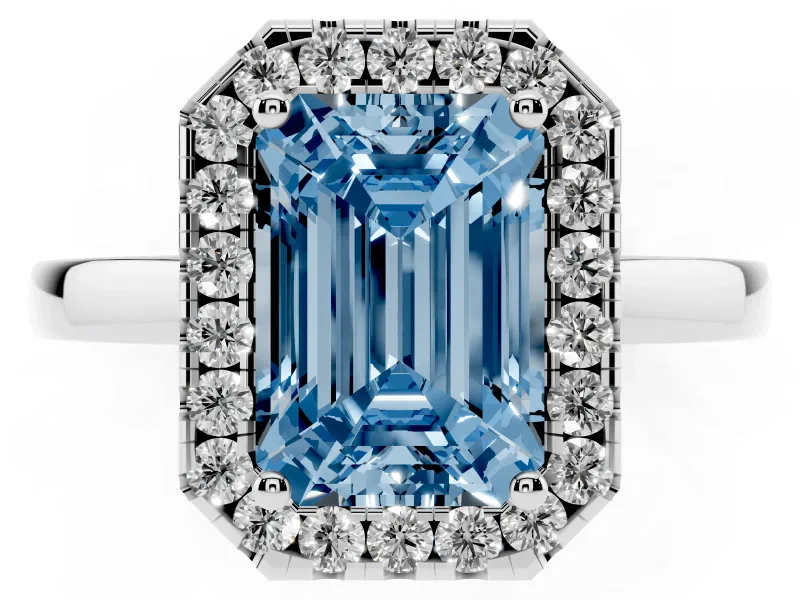 Emerald Cut Thin Halo Engagement Ring Setting for a Fancy Blue Lab-Grown Diamond | Plain Polished Band | Platinum
