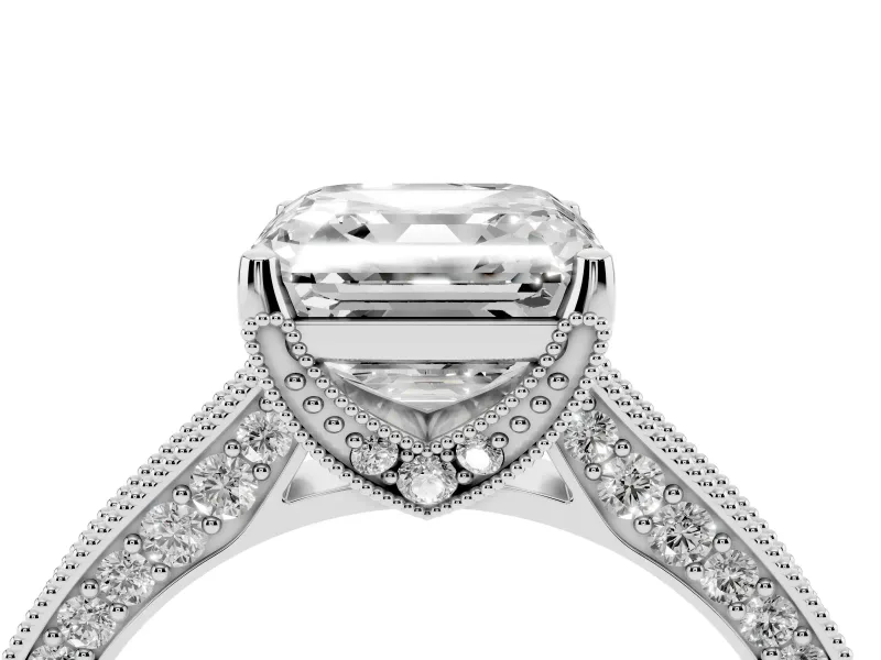 Asscher Cut Vintage Hidden Halo Engagement Ring Setting | Milgrain Pave Band | White Gold