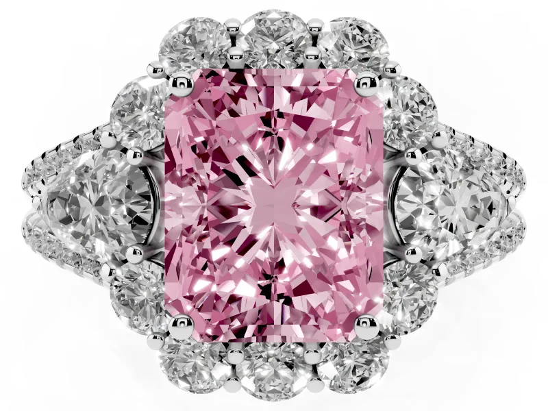 Fancy Pink Radiant Cut Diamond Halo Split Shank Engagement Ring Set in White gold with Prong-Held Center Stone