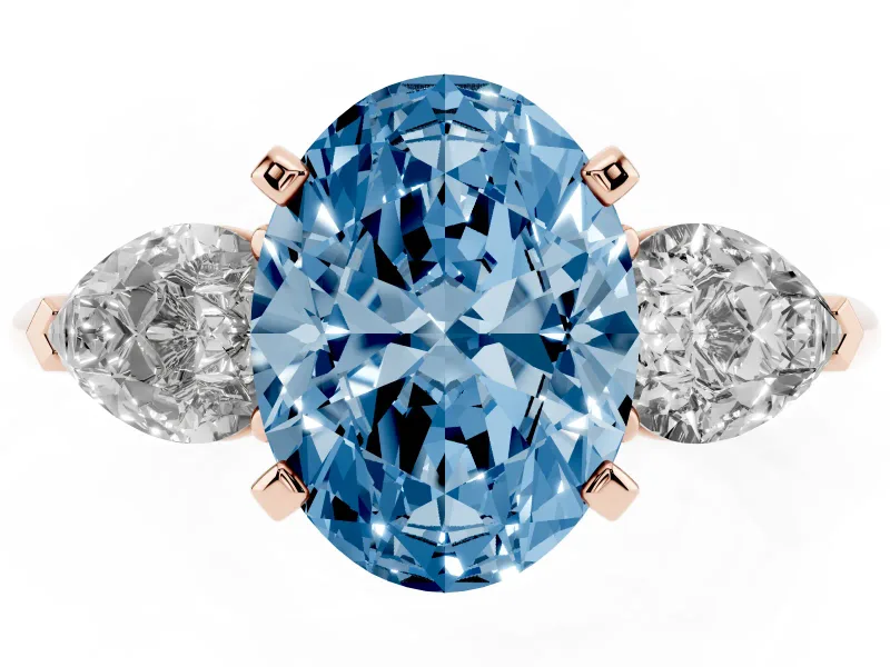 Oval Three-Stone Ring Setting for a Fancy Blue Lab-Grown Diamond | Pear Side Stones | Rose Gold
