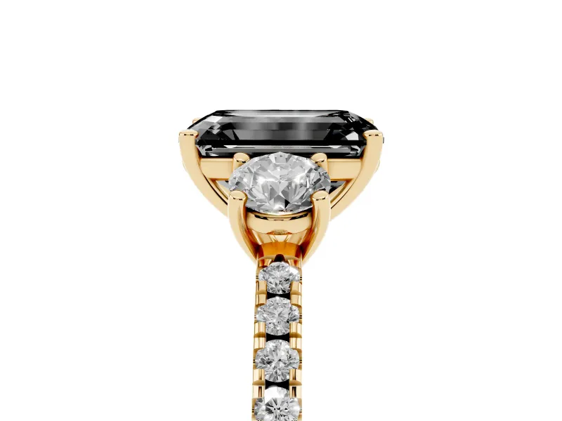 Emerald Cut Three Stone Engagement Ring Setting for a Black Center | Pavé Shoulders | Yellow Gold