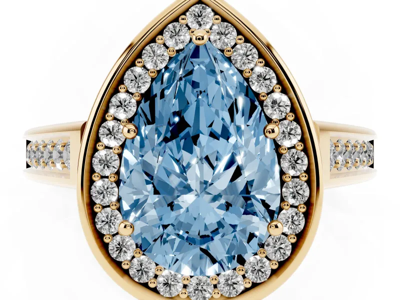 Pear-Shaped Rimmed Halo Engagement Ring Setting for a Fancy Blue Lab-Grown Diamond | Yellow Gold