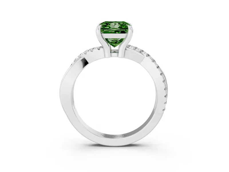 Fancy Green Princess Cut Diamond Twist Band Solitaire Set in Silver with Pavé Accents and Prong Setting