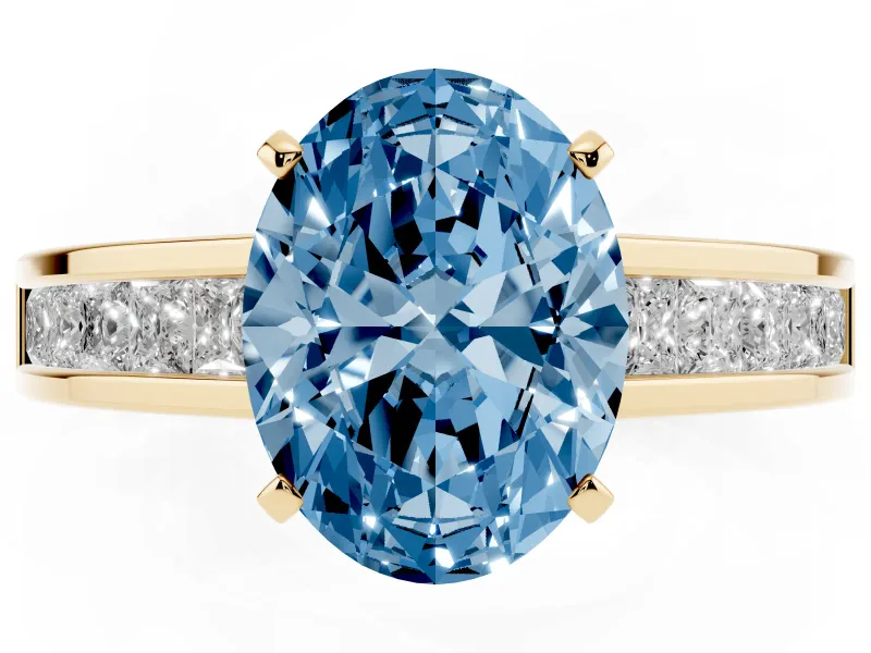 Fancy Blue Oval Cut Diamond Solitaire Ring Set in Yellow gold with Channel-Set Band and Prong Setting