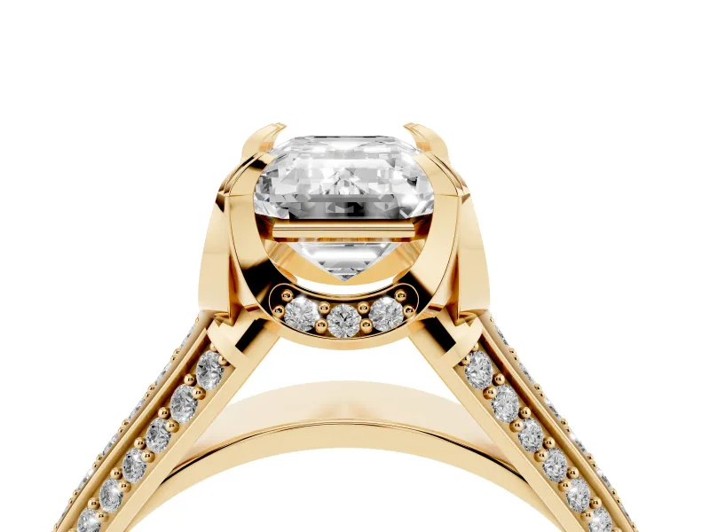 Emerald Cut Diamond Pavé Split Shank Solitaire Ring Set in Yellow gold with Prong Setting