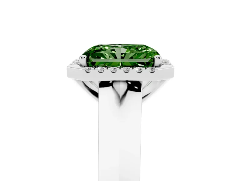 Fancy Green Radiant Cut Diamond Halo Ring Set in Silver with Cathedral Band and Prong Setting
