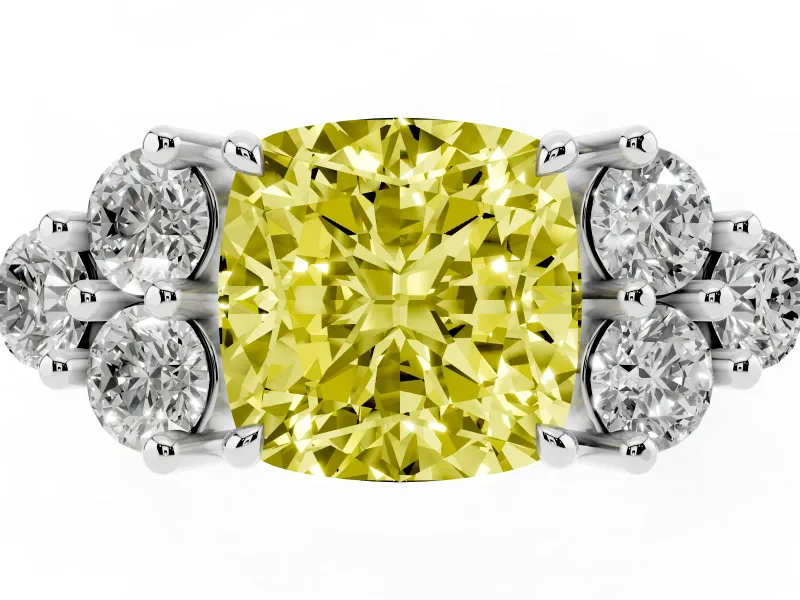 Cushion Cut Cluster Side Stone Engagement Ring Setting for a Fancy Yellow Lab-Grown Diamond | Plain Band | Platinum