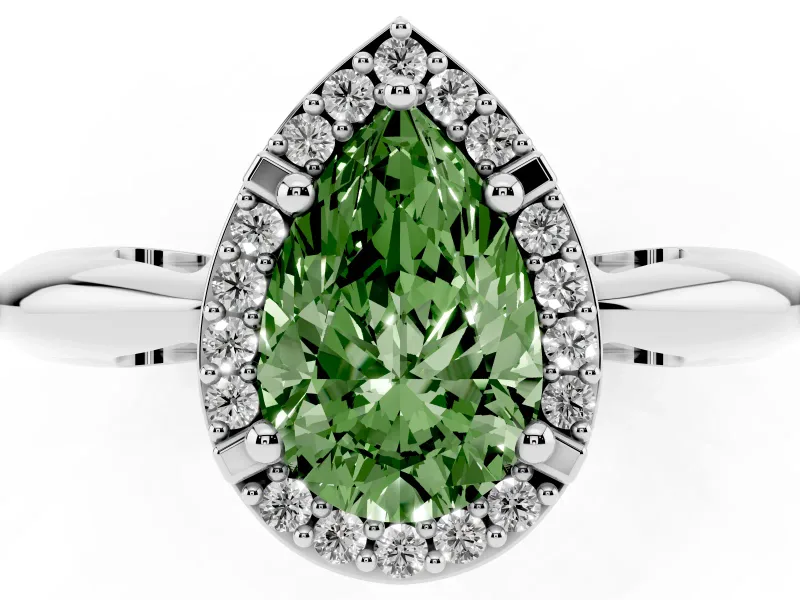 Fancy Green Pear Cut Diamond Halo Engagement Ring Set in White gold with Plain Split Shank and Prong Setting