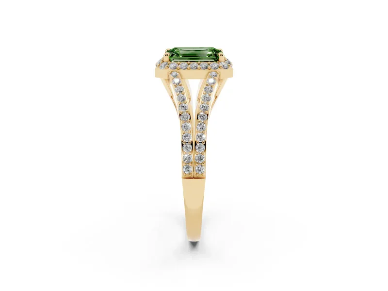 Emerald Cut Halo Engagement Ring Setting for a Fancy Green Lab-Grown Diamond | V-Split Pavé Band | Yellow Gold