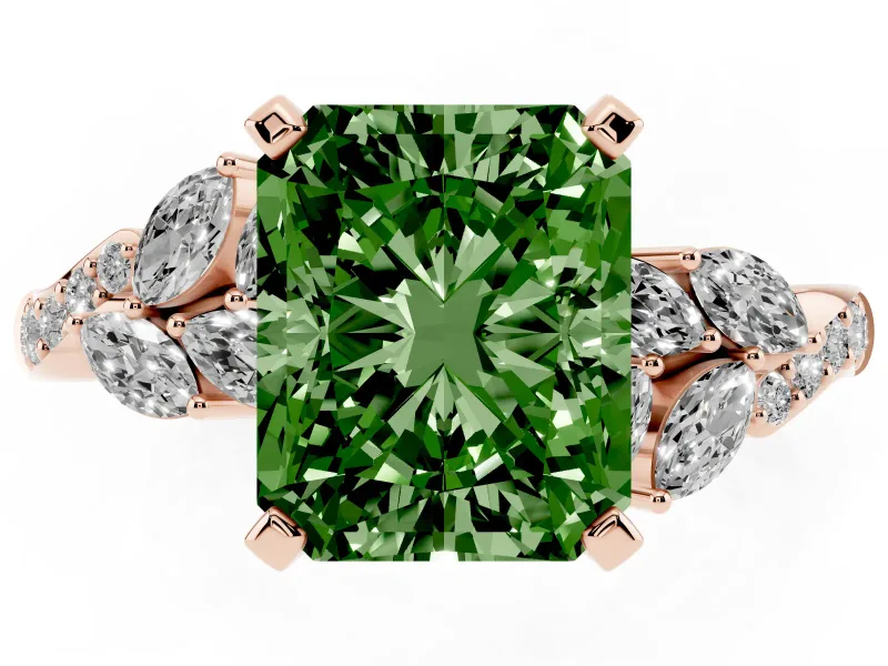 Radiant Cut Floral Engagement Ring Setting for a Fancy Green Lab-Grown Diamond | Marquise Side Stones | Rose Gold