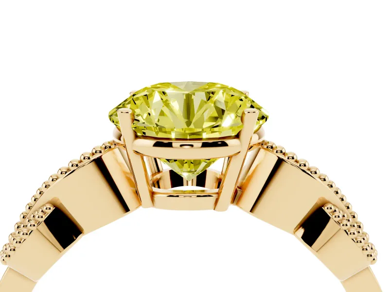 Fancy Yellow Round Cut Diamond Milgrain Leaf Band Solitaire Ring Set in Yellow gold with Accent Stones and Prong Setting