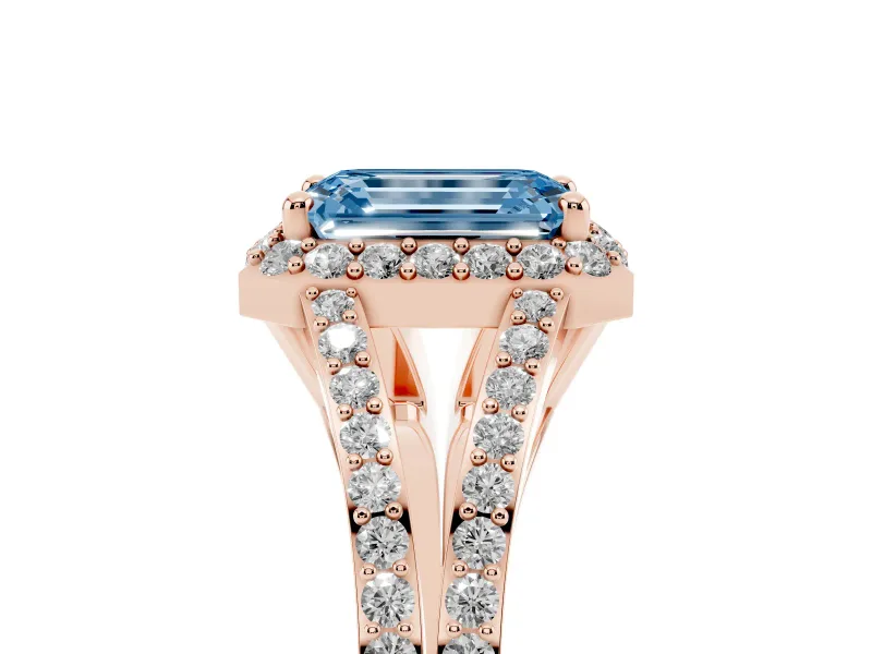 Emerald Cut Split Shank Halo Engagement Ring Setting for a Fancy Blue Lab-Grown Diamond | Rose Gold