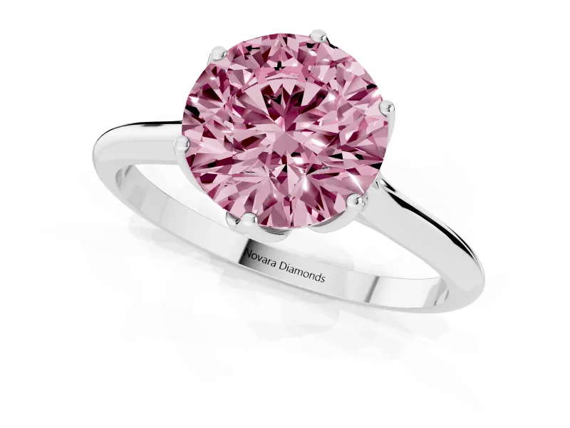 Fancy Pink Round Cut Diamond Solitaire Cathedral Ring Set in Silver with Prong Setting