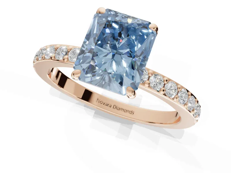 Radiant Cut Hidden Halo Engagement Ring Setting for a Fancy Blue Lab-Grown Diamond | Pavé Band | Rose Gold