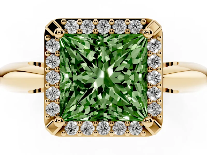 Fancy Green Princess Cut Diamond Halo Engagement Ring Set in Yellow gold with Plain Split Shank and Prong Setting