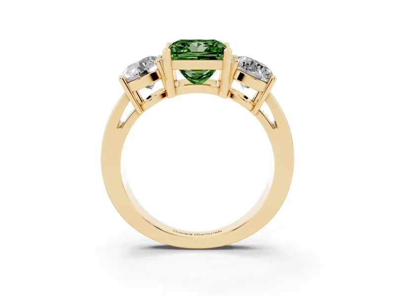Princess Cut Three Stone Engagement Ring Setting for a Fancy Green Lab-Grown Diamond | Wide Plain Band | Yellow Gold