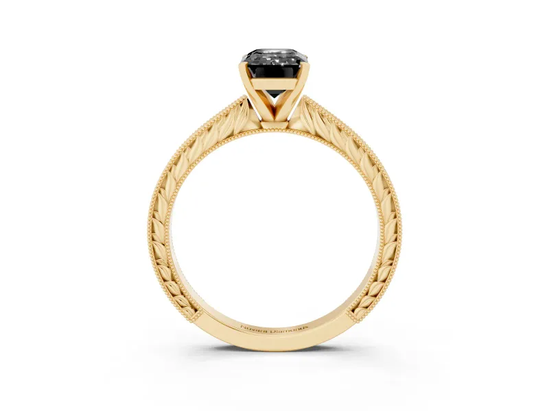 Fancy Black Emerald Cut Diamond Solitaire Milgrain Engraved Band Set in Yellow gold with Prong Setting