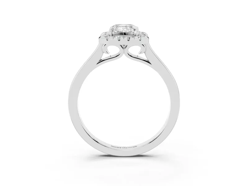 Emerald Cut Halo Round Diamond Solitaire Ring Set in White gold with Pavé Band and Prong Setting