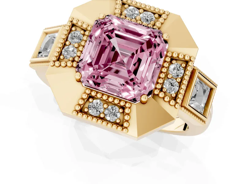 Asscher Cut Milgrain Sectioned Halo Engagement Ring Setting for a Fancy Pink Lab-Grown Diamond | Yellow Gold