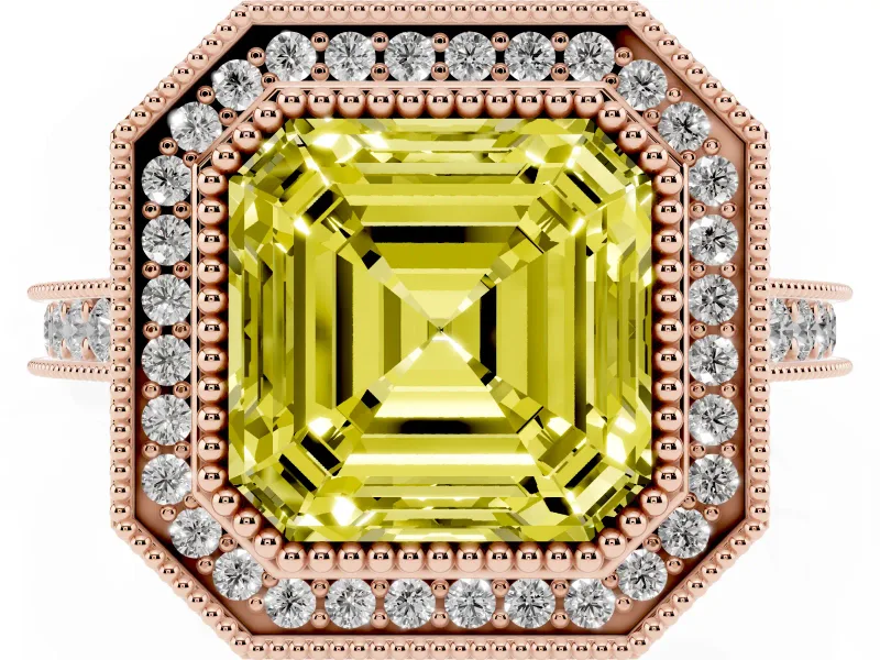 Asscher Cut Vintage Milgrain Halo Engagement Ring Setting for a Fancy Yellow Lab-Grown Diamond | Bezel Head | Rose Gold