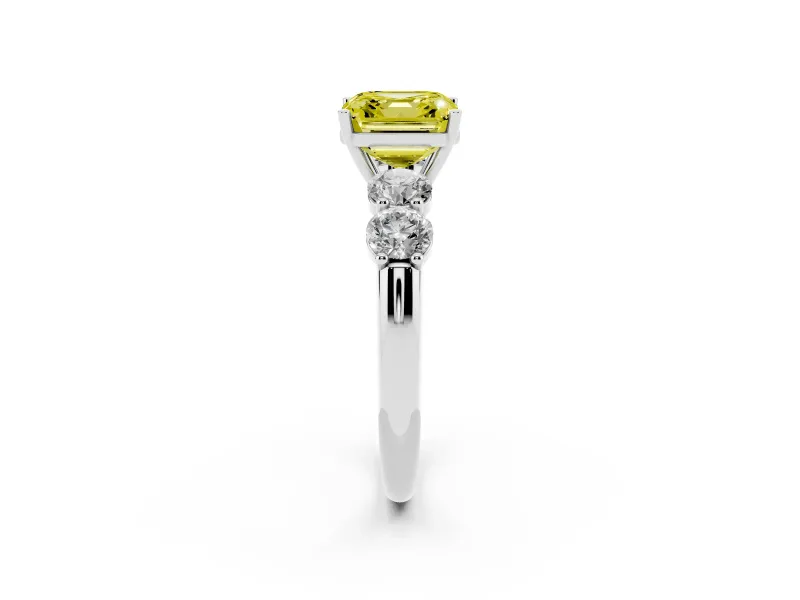 Fancy Yellow Asscher Cut Diamond Five-Stone Prong Set Ring Set in White gold with Classic Band