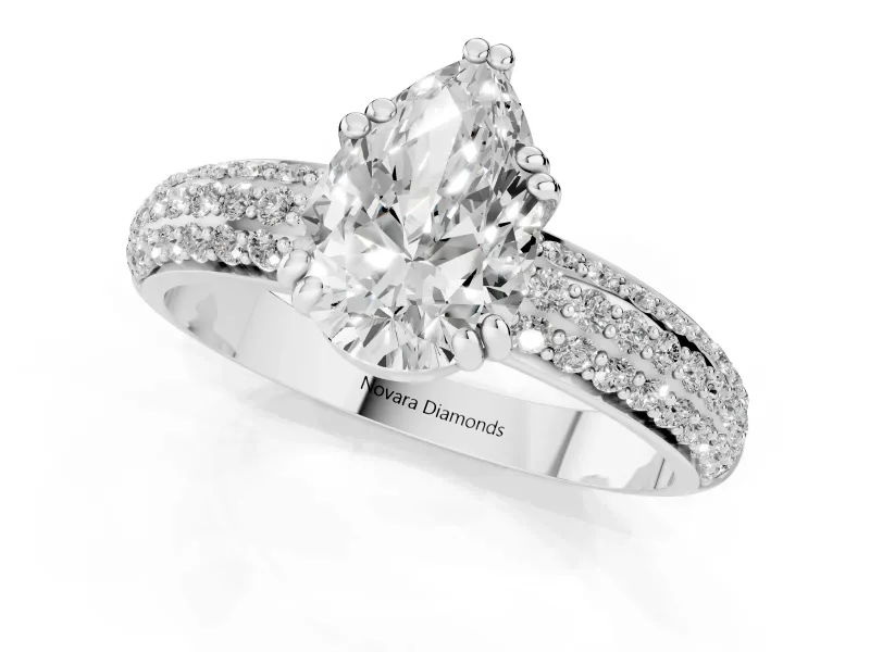 Pear-Shaped Three Row Pave Solitaire Engagement Ring Setting | Double Claw Prongs | White Gold