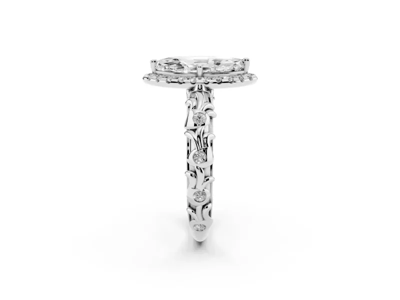 Marquise Filigree Leaf Halo Engagement Ring Setting | Bezel Leaf Accents | White Gold