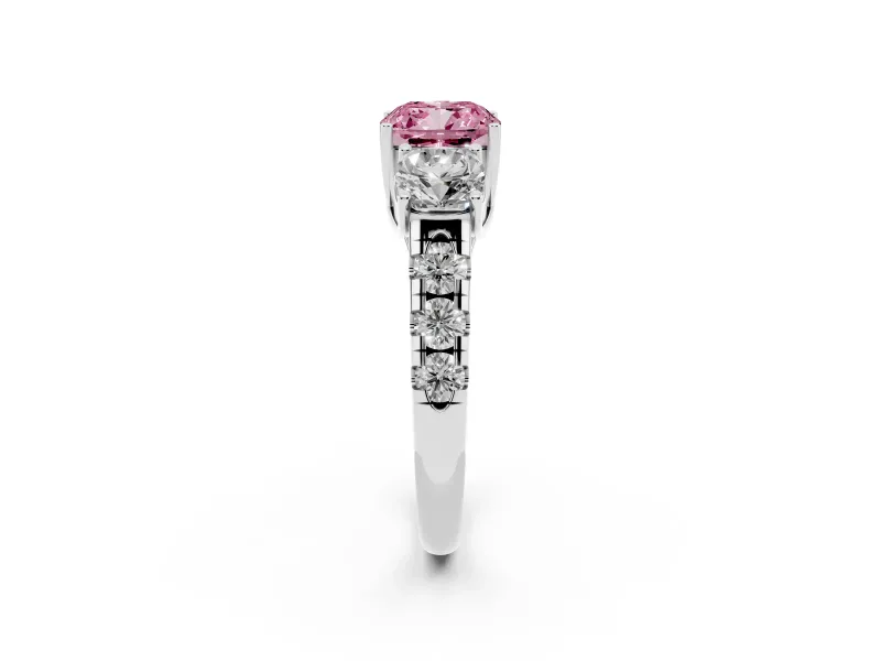 Fancy Pink Cushion Cut Diamond Three-Stone Ring Set in Silver with Pavé Band