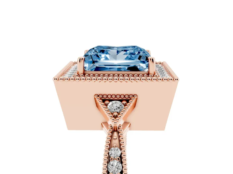 Fancy Blue Princess Cut Diamond Halo Engagement Ring Set in Rose gold with Milgrain Pavé Band