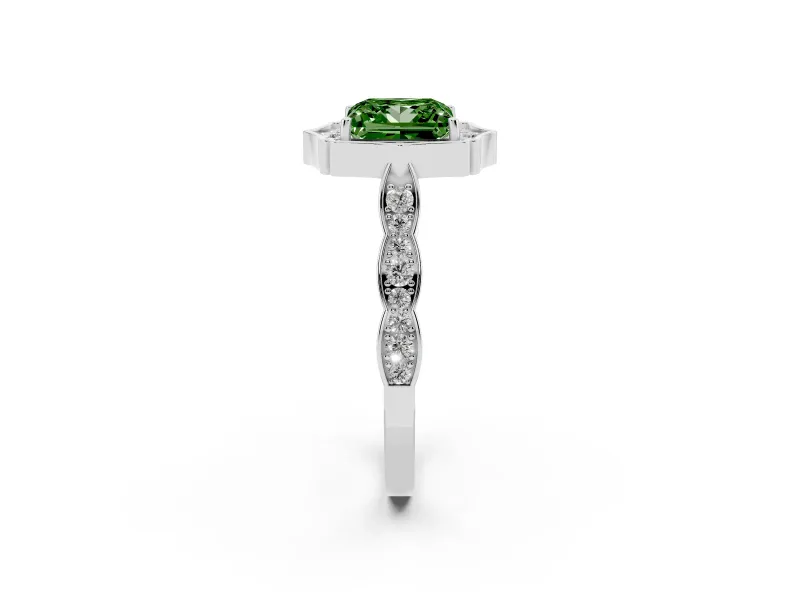 Princess Cut Vintage Scalloped Halo Engagement Ring Setting for a Fancy Green Lab-Grown Diamond | Pave Band | White Gold