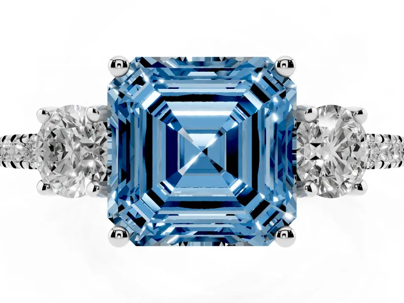 Asscher Cut Three Stone Engagement Ring Setting for a Fancy Blue Lab-Grown Diamond | Pave Shoulders | Sterling Silver