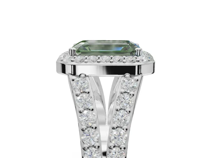 Emerald Cut Halo Pavé Engagement Ring Setting for a Fancy Green Lab-Grown Diamond | Narrow Split Shank | Sterling Silver