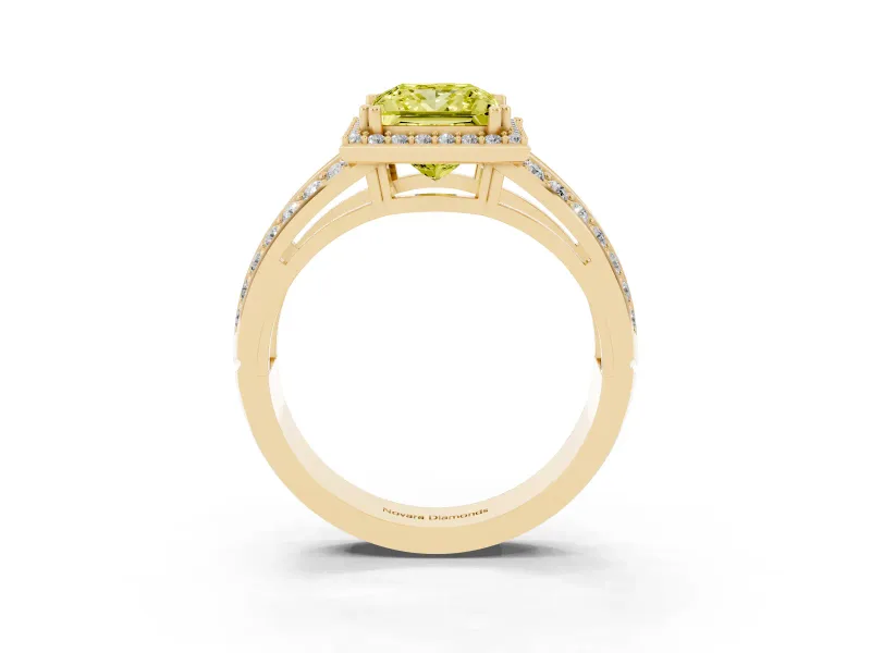 Princess Cut Halo Engagement Ring Setting for a Fancy Yellow Lab-Grown Diamond | Two-Row Pave Split Shank | Yellow Gold