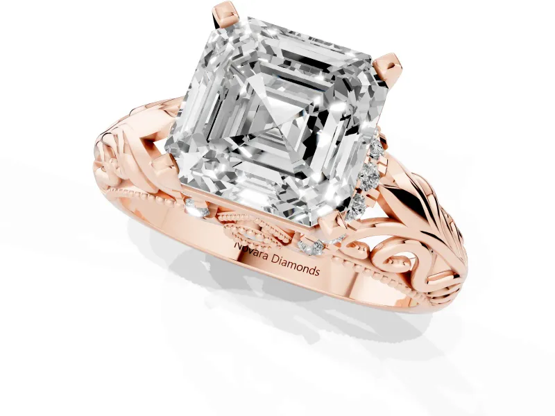 Asscher Cut Diamond Filigree Halo Engagement Ring Set in Rose gold with Prong Setting
