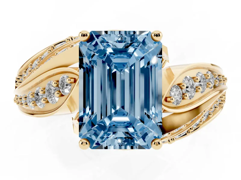 Emerald Cut Bypass Hidden Halo Engagement Ring Setting for a Fancy Blue Lab-Grown Diamond | Graduated Pavé | Yellow Gold