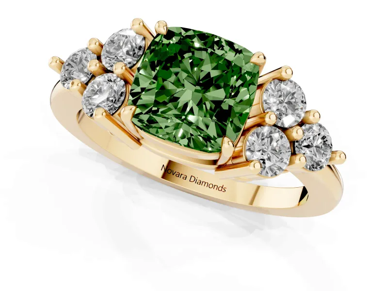 Fancy Green Cushion Cut Diamond Solitaire Ring Set in Yellow gold with Cluster Accents on Each Side