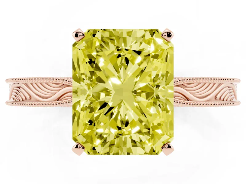 Radiant Cut Engraved Engagement Ring Setting for a Fancy Yellow Lab-Grown Diamond | Rose Gold