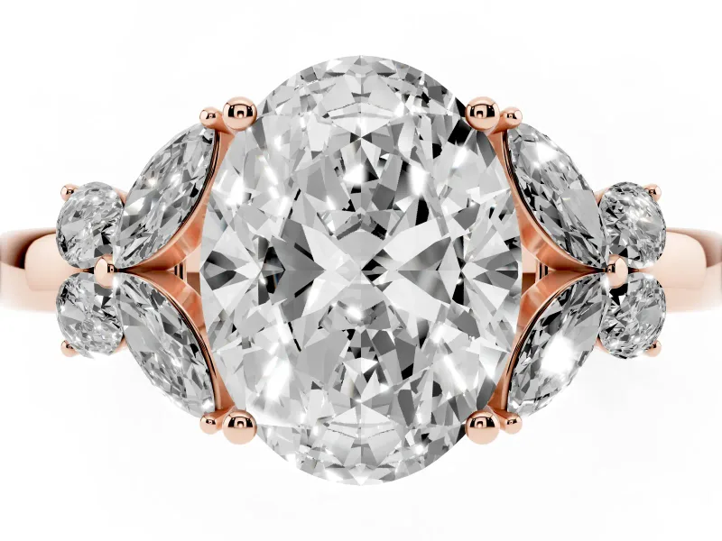 Oval Petal Accent Engagement Ring Setting | Marquise and Round Sides | Rose Gold