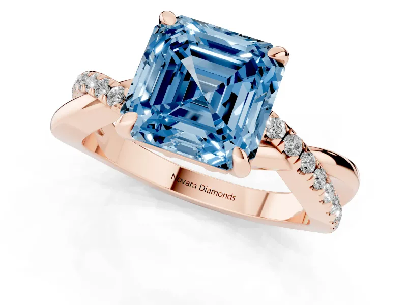 Fancy Blue Asscher Cut Diamond Twist Band Solitaire Set in Rose gold with Pavé Accents and Prong Setting